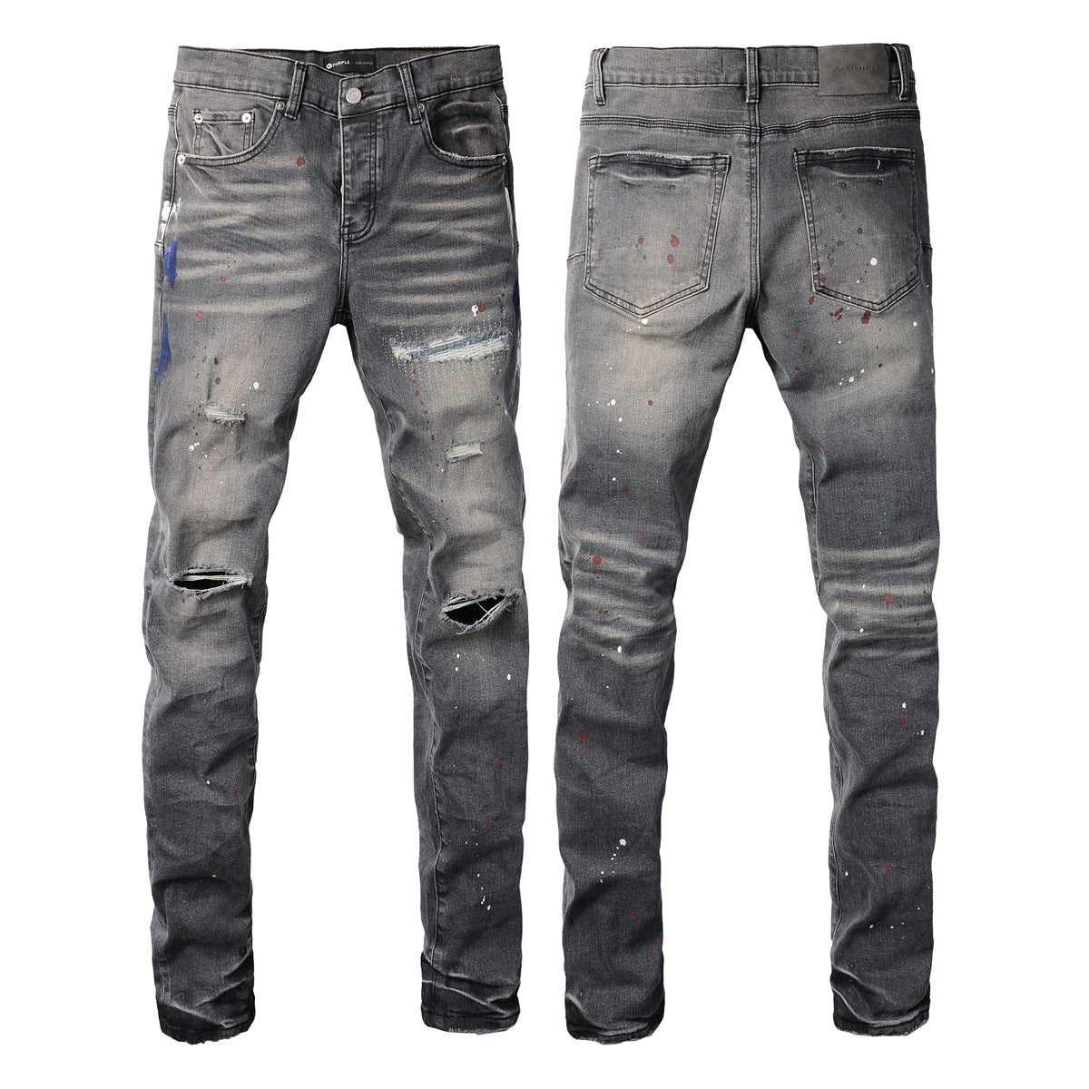 Men Streetwear Distressed Grey Skinny Jeanswith Color Paint Splatter and Knee Rips 9107
