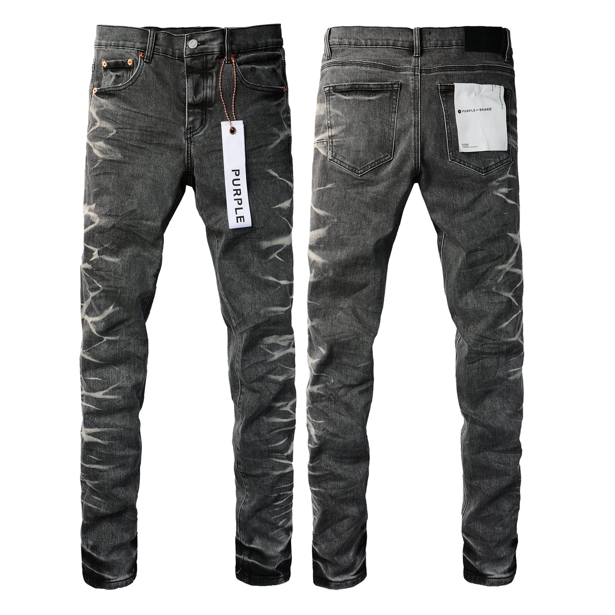 Men Streetwear Skinny Jeans Dark Gray Wash with White Marbled Texture 9056