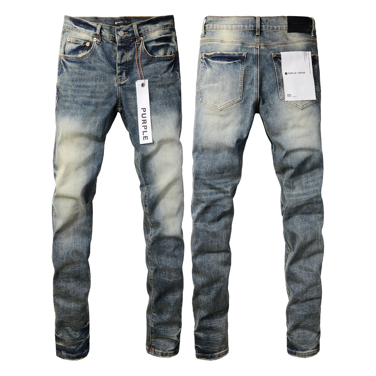 Men Streetwear Skinny Jeans Light Blue Wash with Faded Gradient Distress 9042