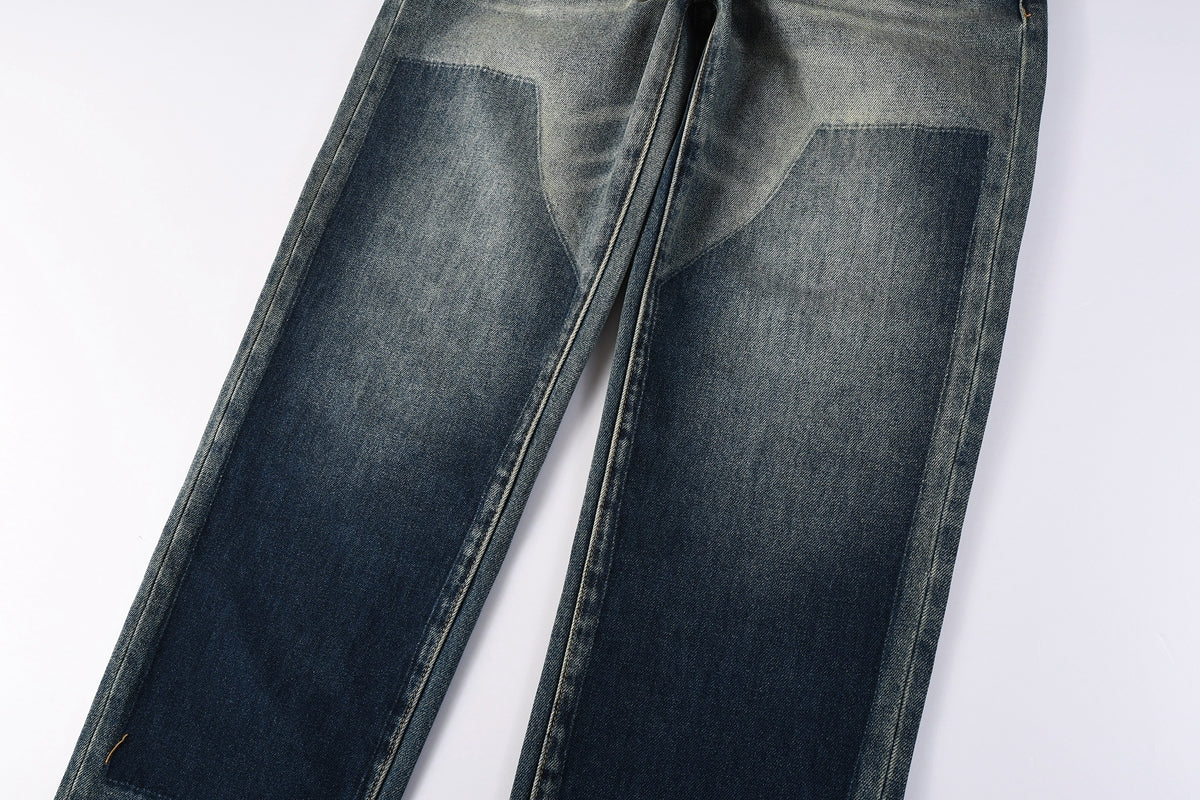 Men Vintage Streetwear Straight Jeans Blue Washed with Whisker Fade and Contrast Panels PU9120