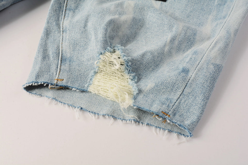 Men Streetwear Denim Shorts Light Blue Wash with White Distressed Patches and Raw Hem 5069