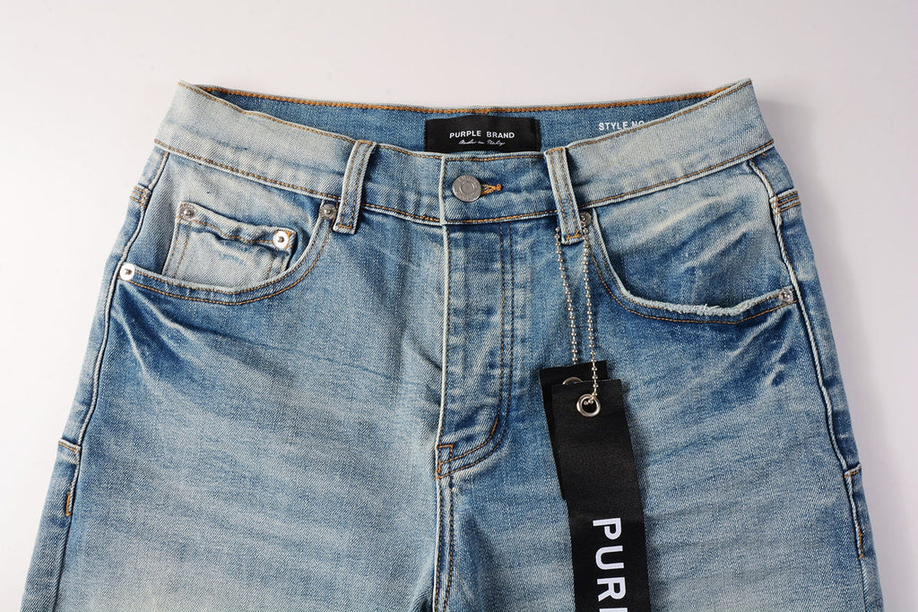 Men Streetwear Denim Shorts Light Blue Wash with Raw Hem and Vintage Finish 5016