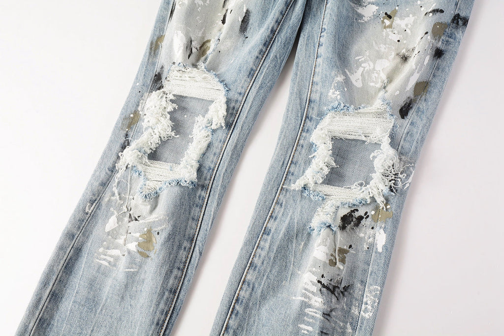 Men Streetwear Jeans Light Blue Paint Splash Distressed Ripped skinny 9100