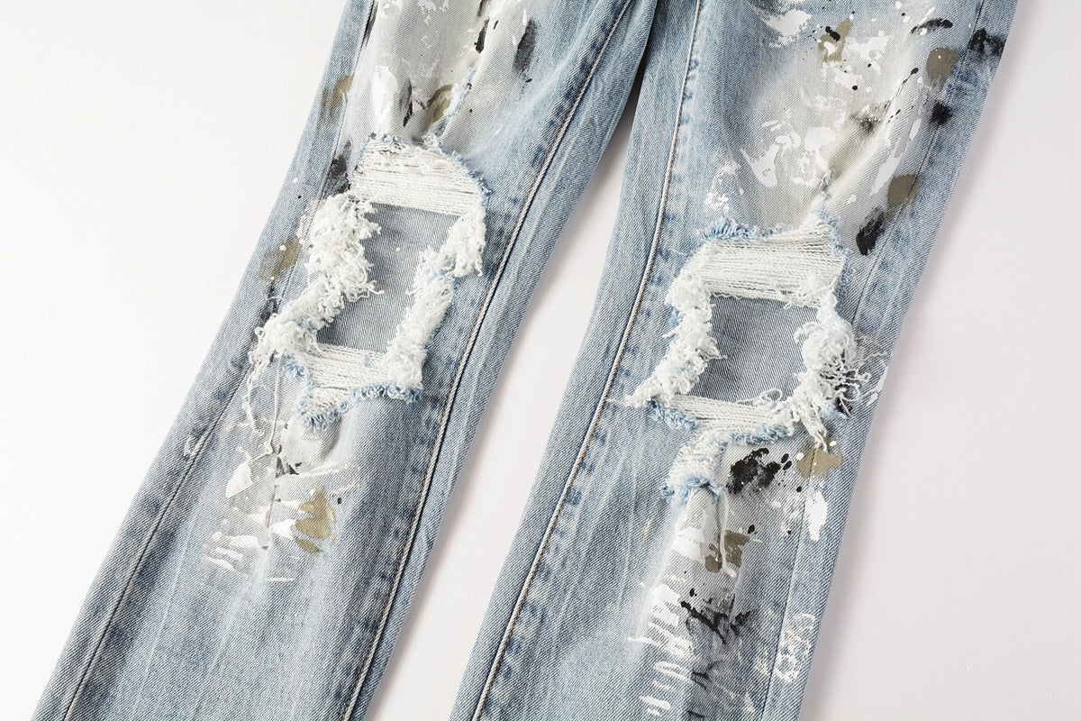 Men Streetwear Jeans Light Blue Paint Splash Distressed Ripped skinny 9100