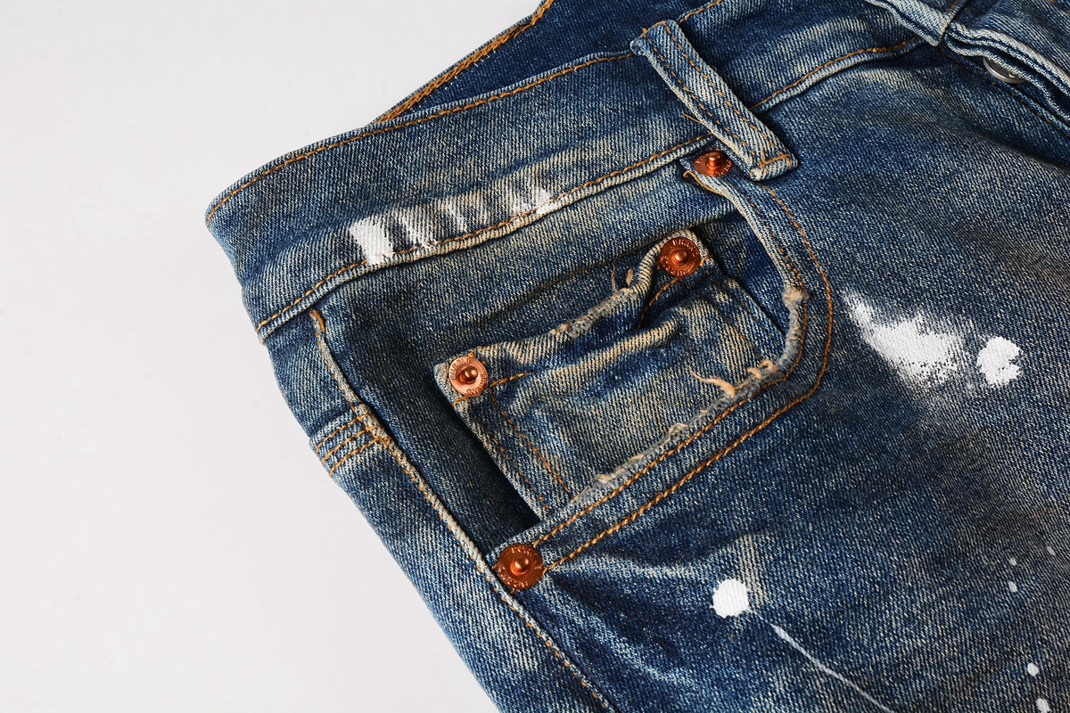 Men Streetwear Skinny Jeans Light Blue Wash with Distressed Rips and White Paint Splatter 9012