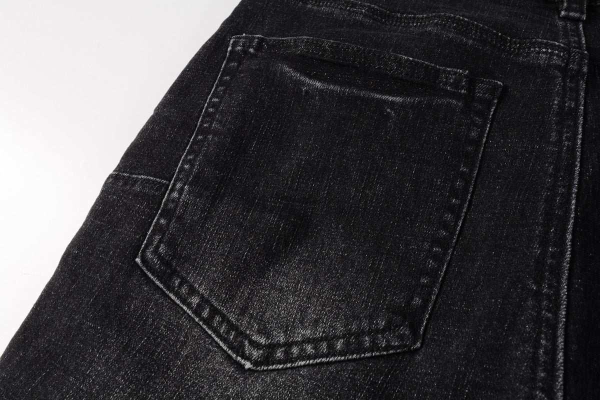 Men Streetwear Denim Shorts Black Wash with Colorful Feather Print and Raw Hem 5085