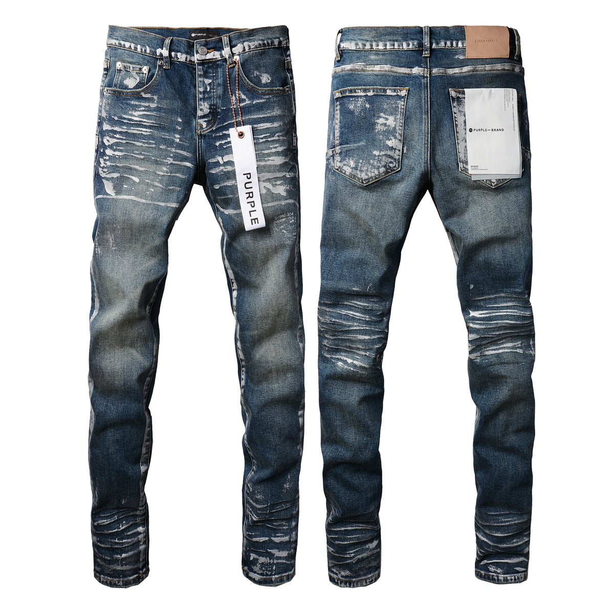 Men Streetwear Skinny Jeans Dark Blue Wash with White Brushstroke Distress 9040