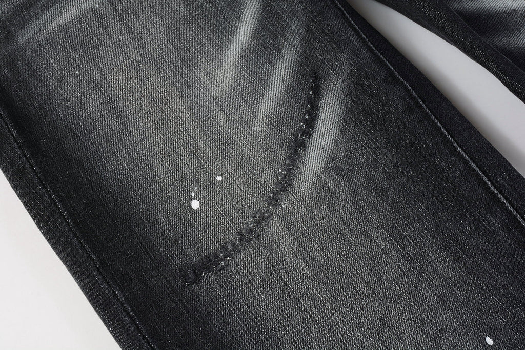 Men Streetwear Skinny Jeans Black - Gray Fade Wash with White Paint Specks 9027