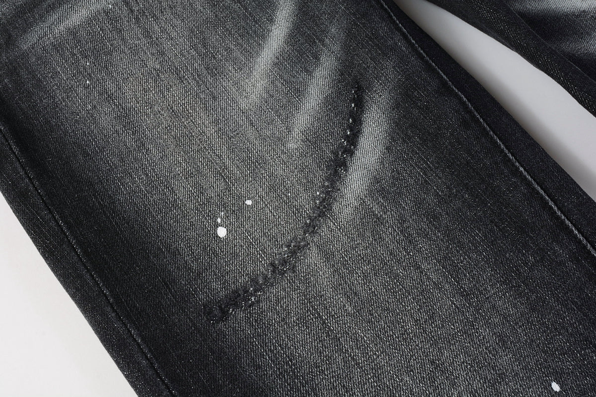 Men Streetwear Skinny Jeans Black - Gray Fade Wash with White Paint Specks 9027