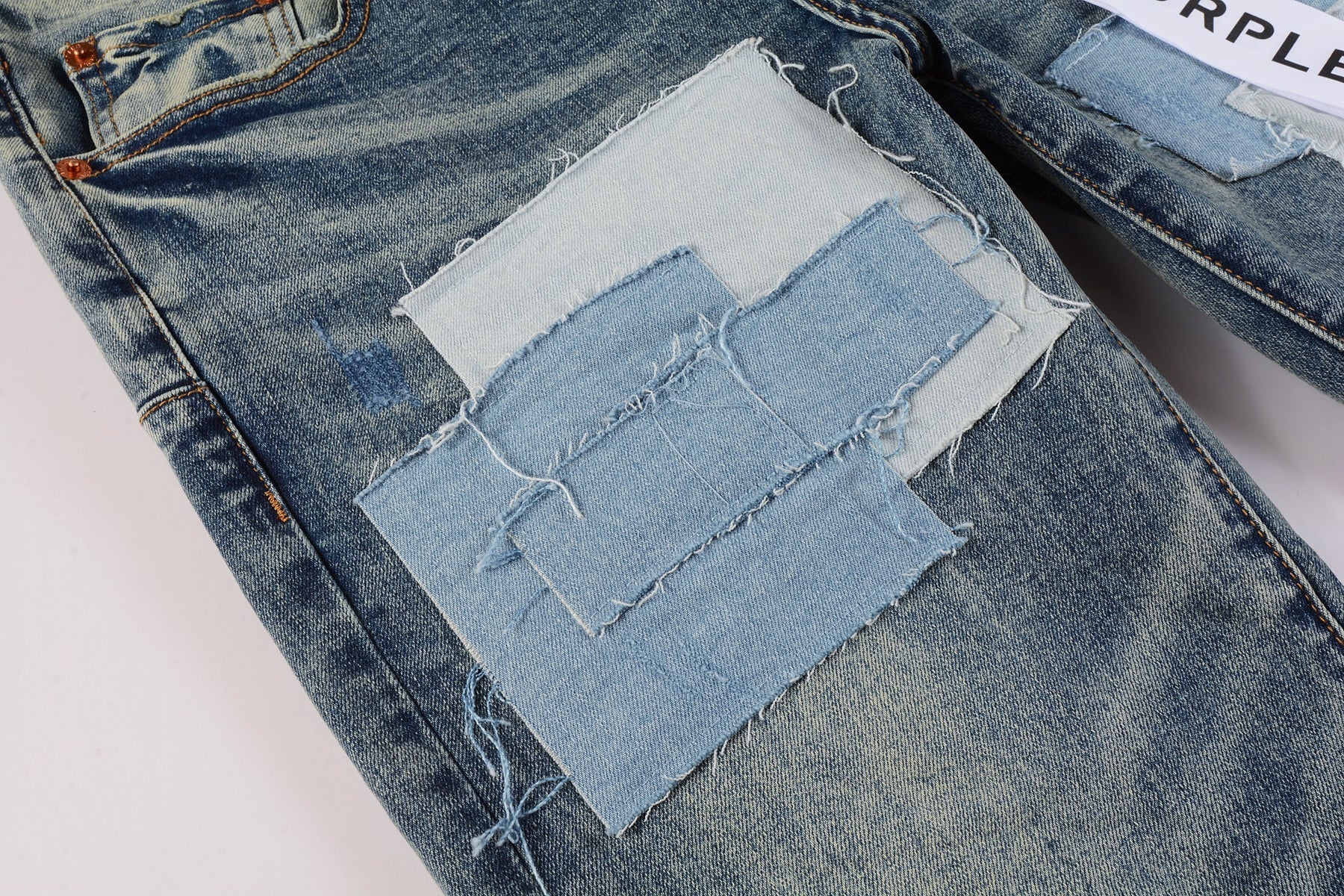 Men Streetwear Skinny Jeans Light Blue Wash with Patchwork Distressed Details 9015