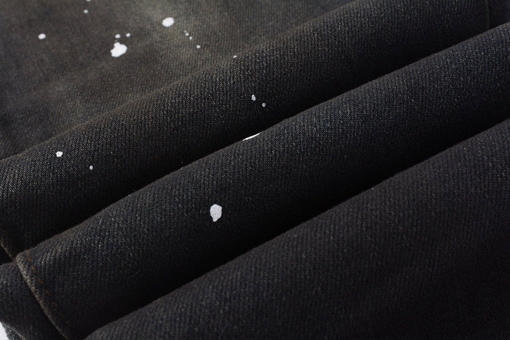 Men Streetwear Skinny Jeans Dark Gray Wash with White Paint Splatter and Brush Strokes 9036
