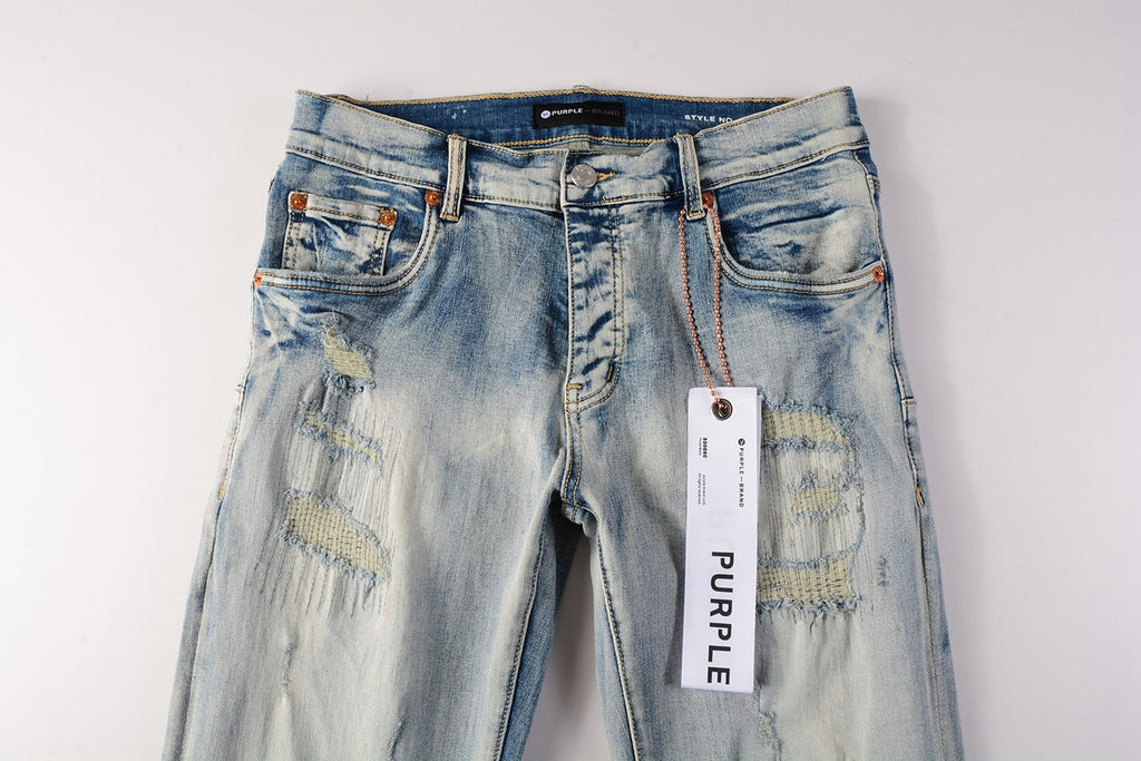 Men Streetwear Skinny Jeans Light Blue Wash with Heavy Distressed Rips 9050