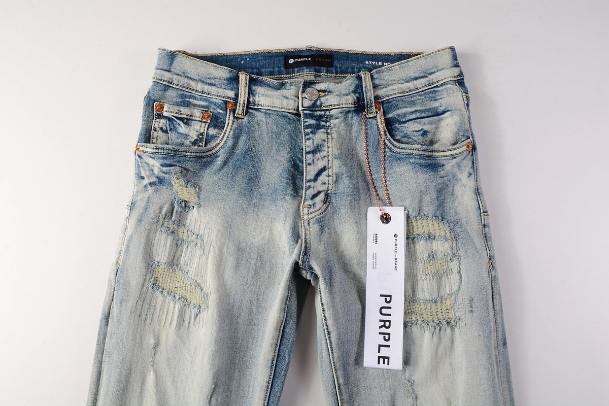 Men Streetwear Skinny Jeans Light Blue Wash with Heavy Distressed Rips 9050