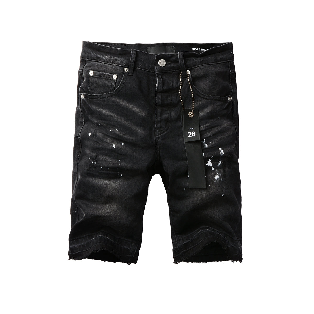 Men Streetwear Denim Shorts Black Wash with White Paint Splashes and Raw Hem 5002
