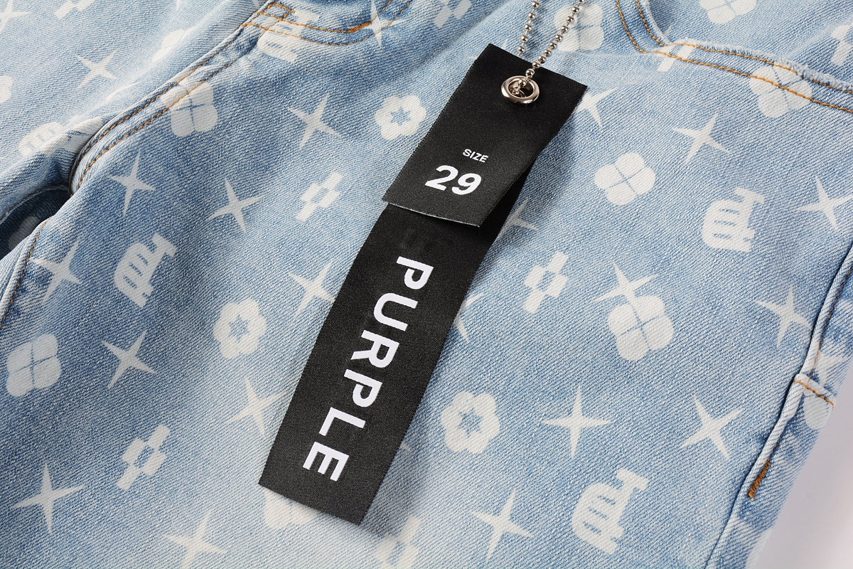Men Streetwear Denim Shorts Light Blue Wash with White Geometric Print and Raw Hem 5089