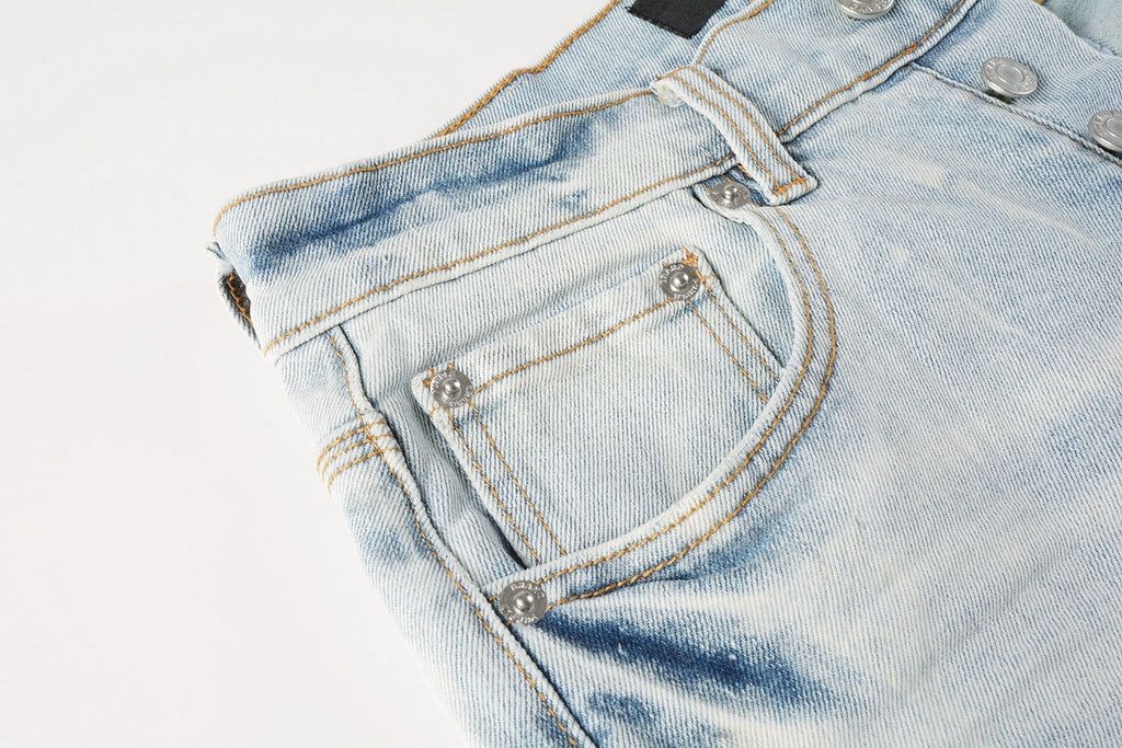 Men Streetwear Denim Shorts Light Blue Wash with Washed Distressed Raw Hem 5017