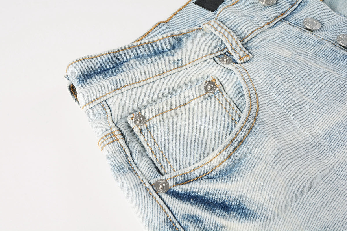 Men Streetwear Denim Shorts Light Blue Wash with Washed Distressed Raw Hem 5017