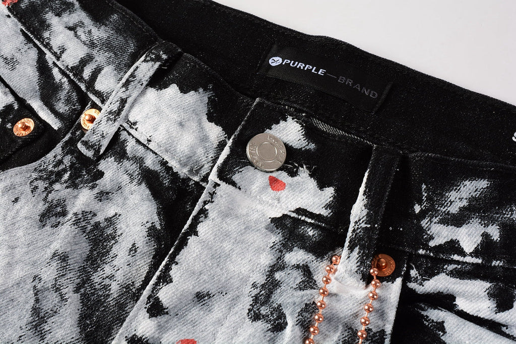 Men Streetwear Skinny Jeans Black and White Graffiti Wash with Multi - Color Paint Accents 9020