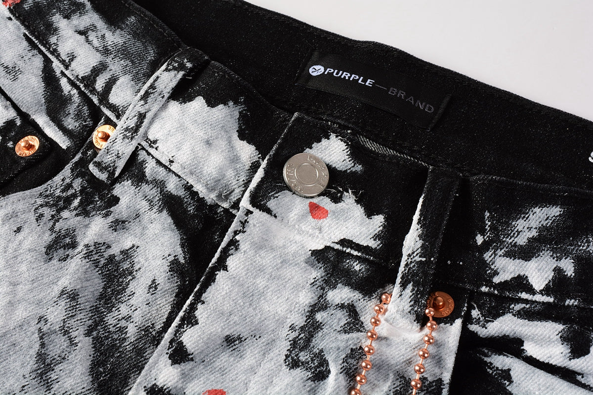 Men Streetwear Skinny Jeans Black and White Graffiti Wash with Multi - Color Paint Accents 9020
