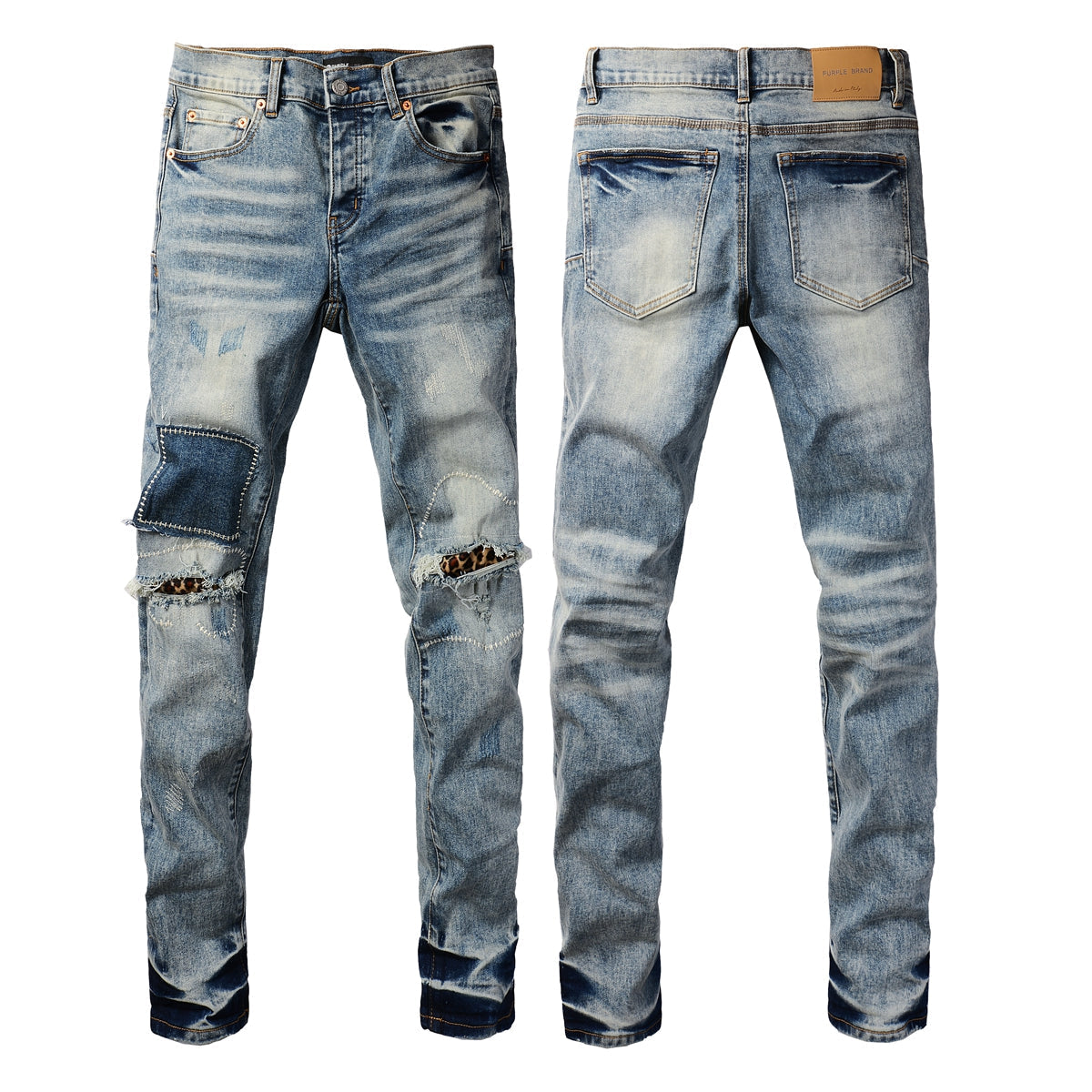 Men Streetwear Jeans Distressed Light Blue Patch Leopard Ripped skinny 9095