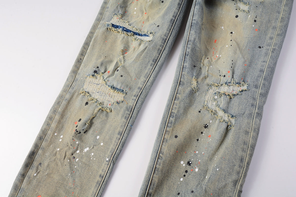 Men Streetwear Skinny Jeans Light Gray Wash with Multi-Color Paint Splatter and Distressed Patches 9071