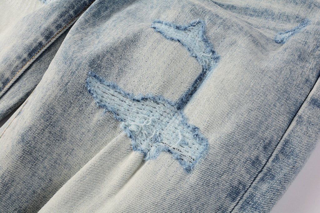 Men Streetwear Jeans Distressed Light Blue Abstract Ripped skinny 9093