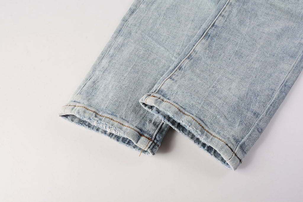 Men Streetwear Skinny Jeans Light Blue Wash with Knee Ripped Details and Black Lining 9010