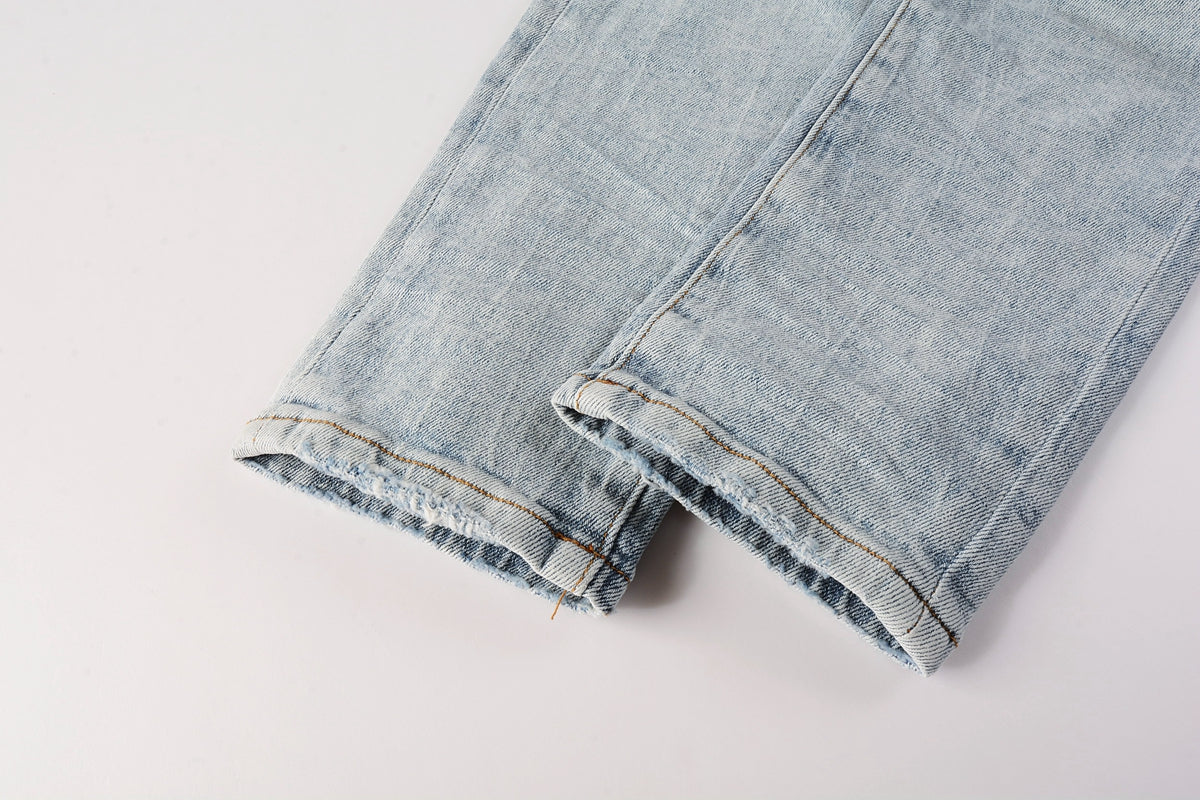 Men Streetwear Skinny Jeans Light Blue Wash with Knee Ripped Details and Black Lining 9010