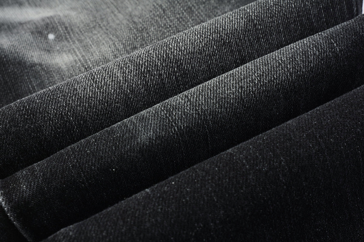 Men Streetwear Skinny Jeans Black - Gray Fade Wash with White Paint Specks 9027