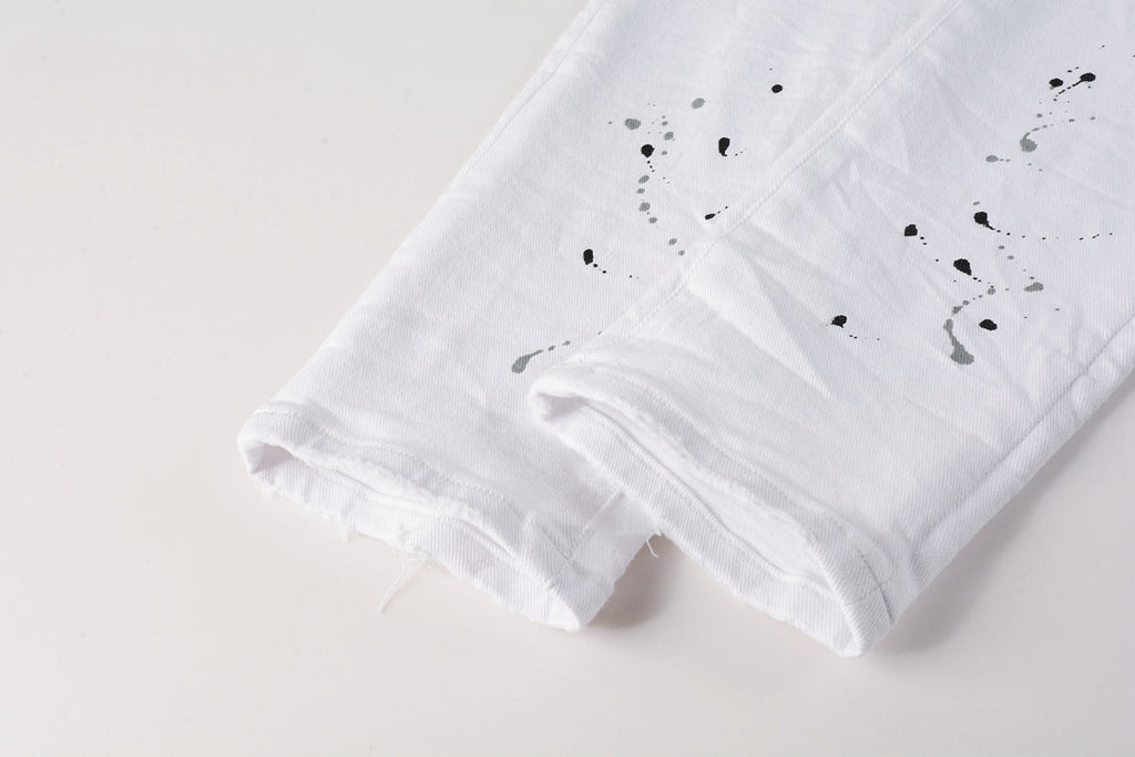 Men Streetwear Skinny Jeans White Wash with Black Paint Splatter and Distressed Rip 9021