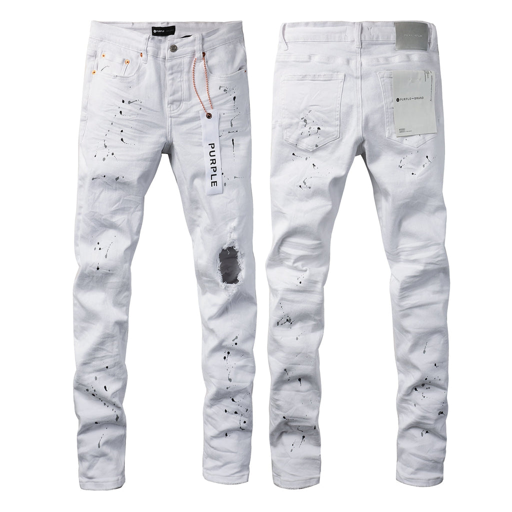 Men Streetwear Skinny Jeans White Wash with Black Paint Splatter and Distressed Rip 9021