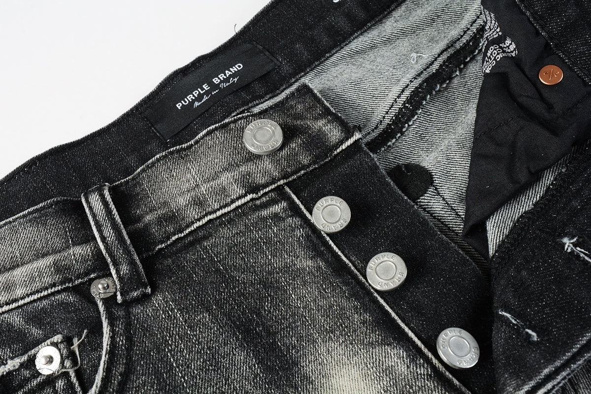 Men Streetwear Denim Shorts Grey Black Wash with Leopard Print Ripped Details and Raw Hem 5068