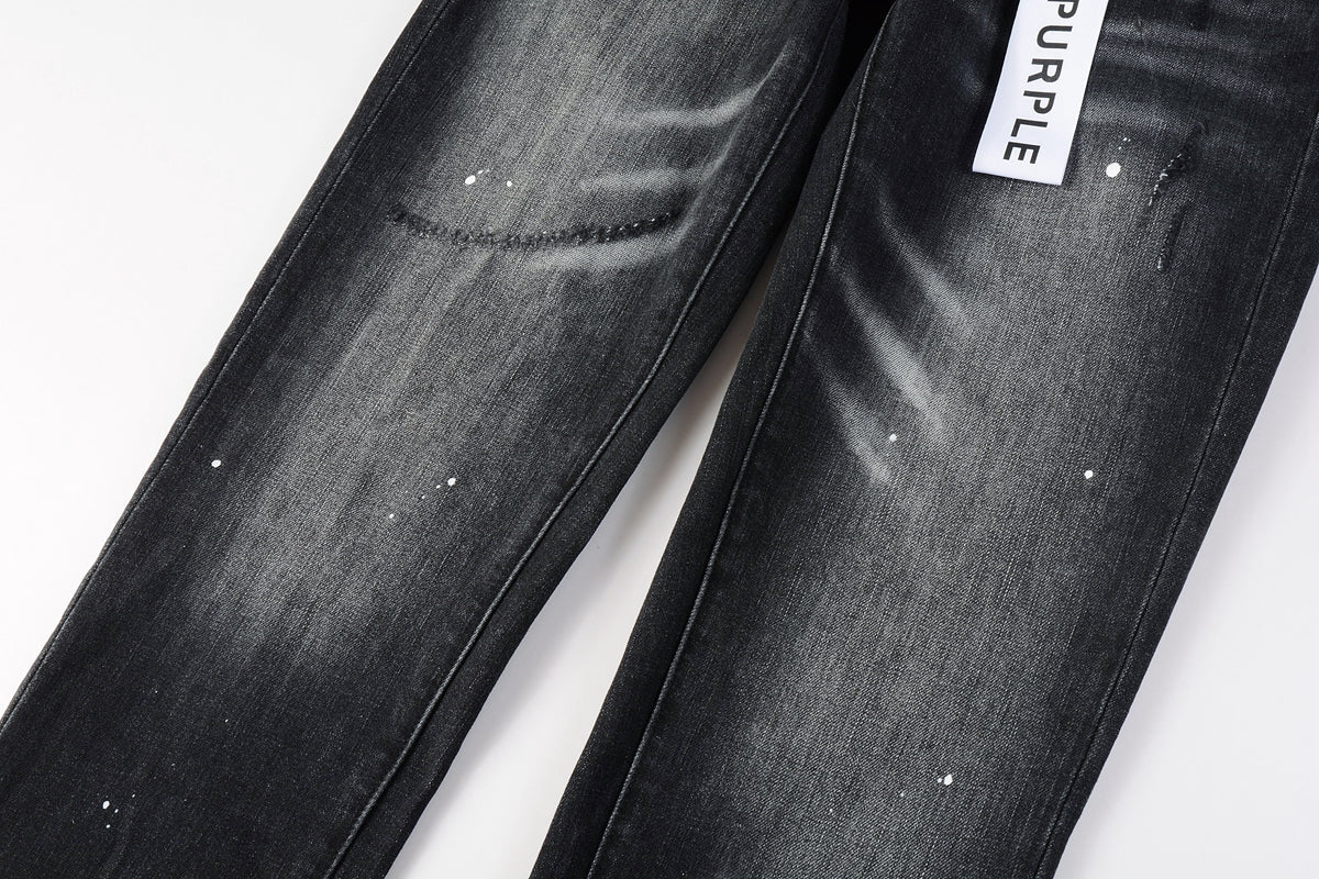 Men Streetwear Skinny Jeans Black - Gray Fade Wash with White Paint Specks 9027