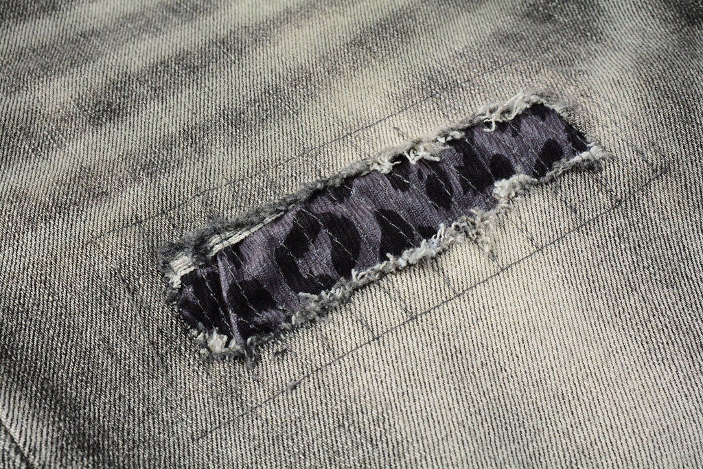 Men Streetwear Denim Shorts Grey Black Wash with Leopard Print Ripped Details and Raw Hem 5068