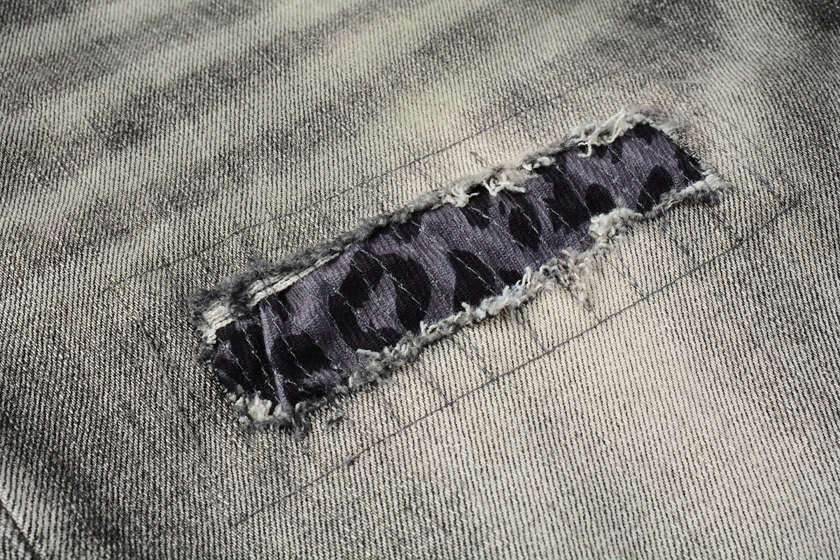 Men Streetwear Denim Shorts Grey Black Wash with Leopard Print Ripped Details and Raw Hem 5068