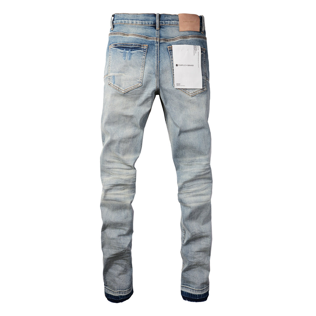 Men Streetwear Skinny Jeans Light Blue Wash with Subtle White Pattern Wash 9013