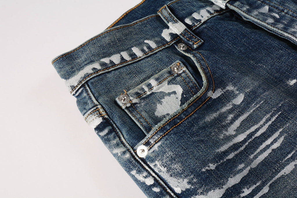 Men Streetwear Skinny Jeans Dark Blue Wash with White Brushstroke Distress 9040