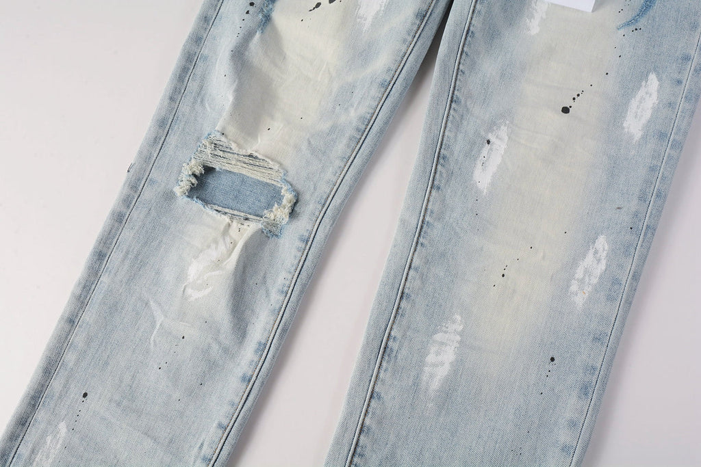 Men Streetwear Skinny Jeans Light Blue Wash with White Paint Splatter and Subtle Distress 9006