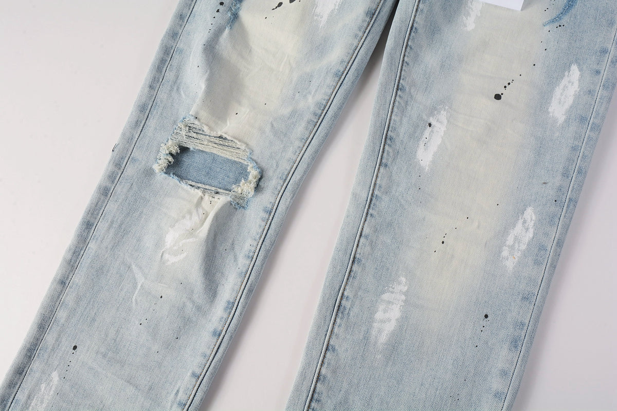 Men Streetwear Skinny Jeans Light Blue Wash with White Paint Splatter and Subtle Distress 9006