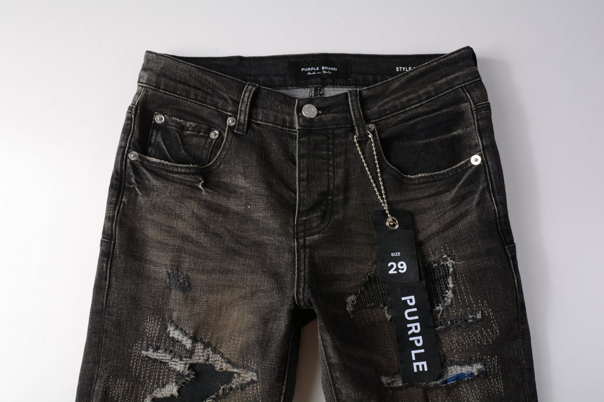 Men Streetwear Skinny Jeans Dark Gray Wash with Multi - Color Patched Distressed Details 9080