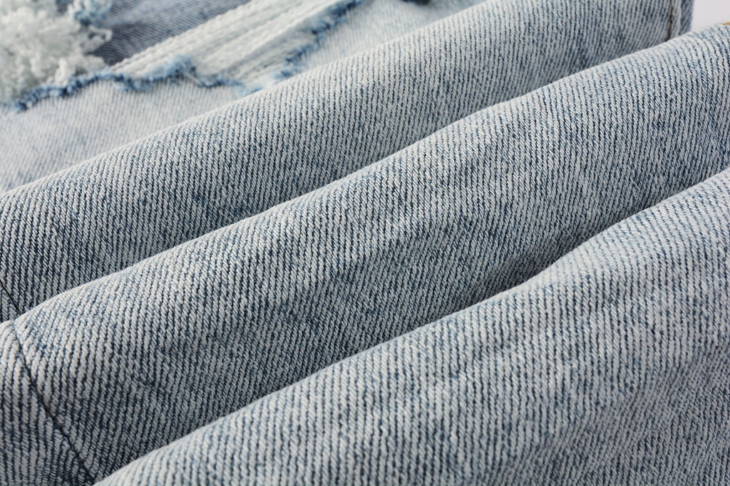 Men Streetwear Skinny Jeans Light Blue Wash with Knee Ripped Details and Black Lining 9010