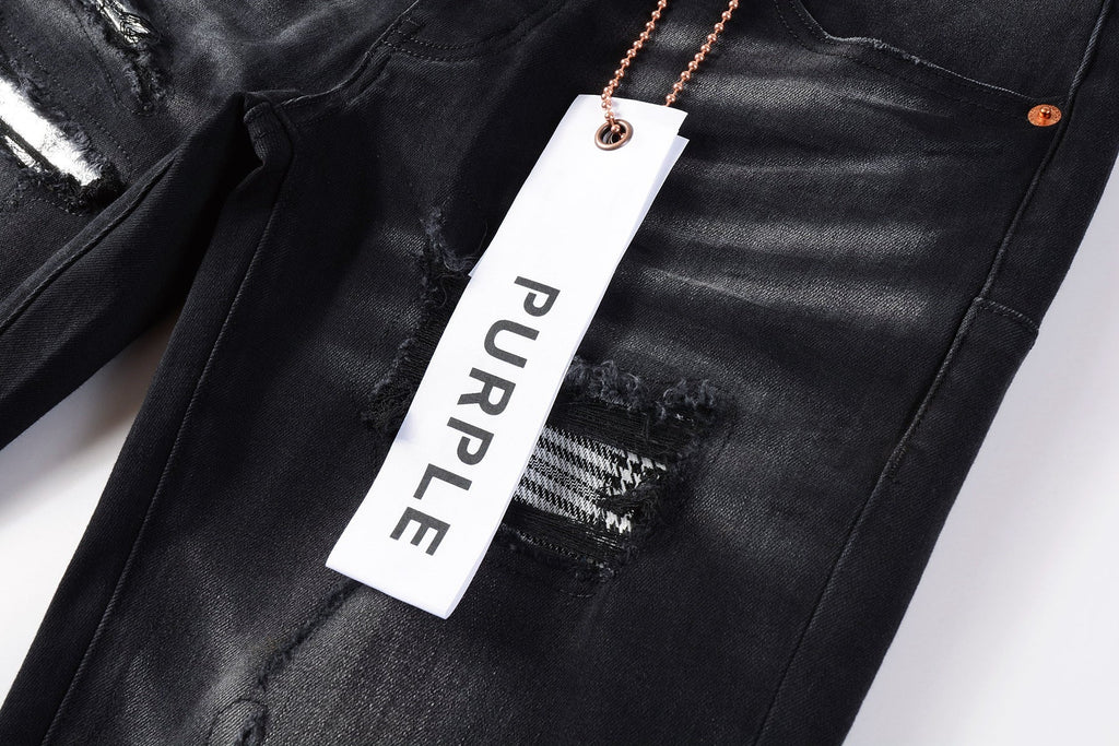 Men Streetwear Skinny Jeans Black Wash with Distressed Rips, Checkered Patches and White Paint Splatter 9001