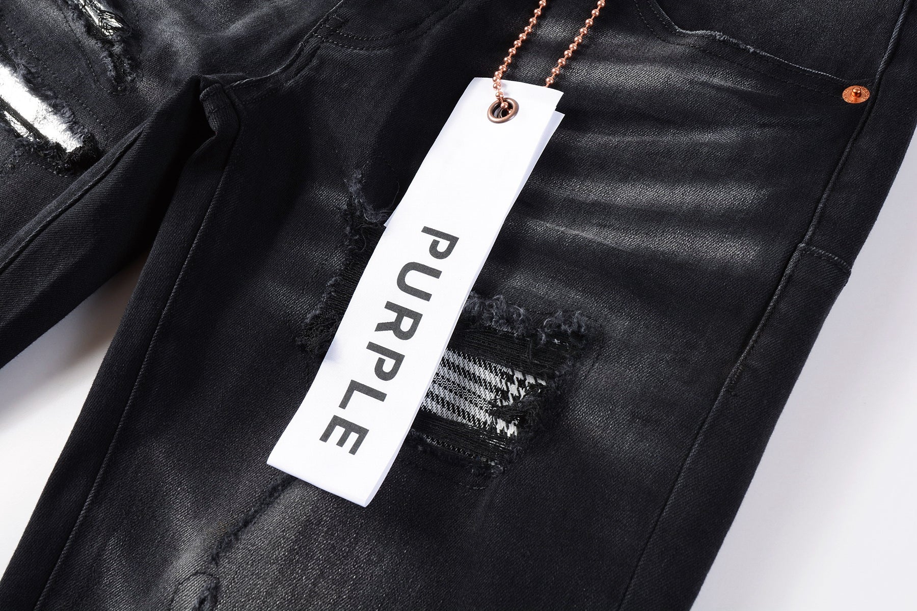 Men Streetwear Skinny Jeans Black Wash with Distressed Rips, Checkered Patches and White Paint Splatter 9001
