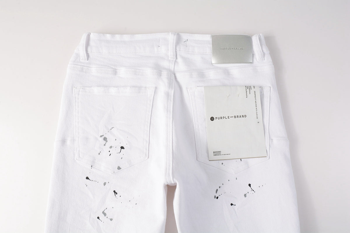 Men Streetwear Skinny Jeans White Wash with Black Paint Splatter and Distressed Rip 9021