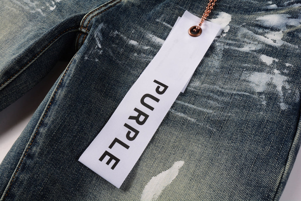 Men Streetwear Skinny Jeans Light Blue Wash with White Paint Brush Strokes 9060