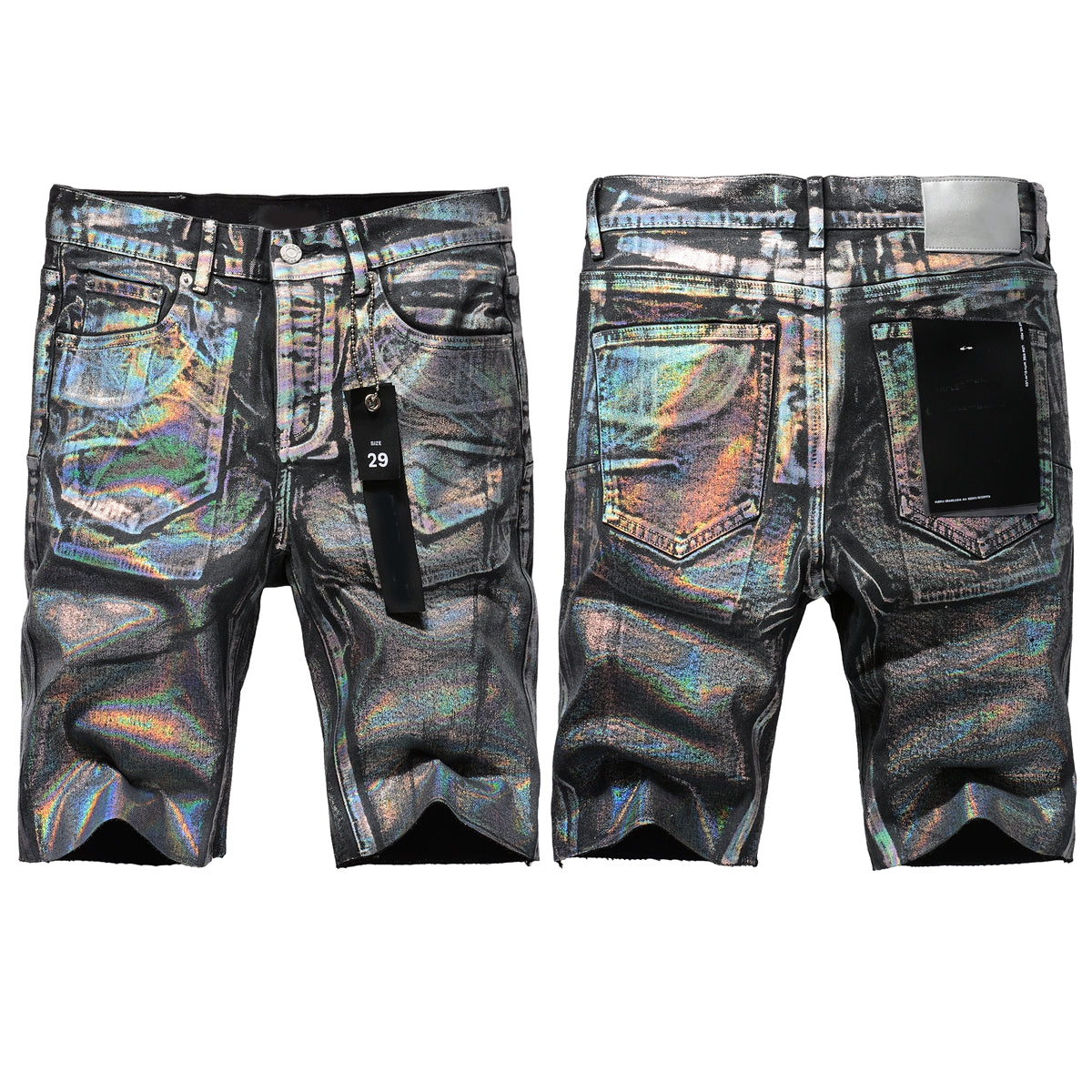 Men Streetwear Denim Shorts Black Wash with Holographic Reflective Finish and Raw Hem 5028