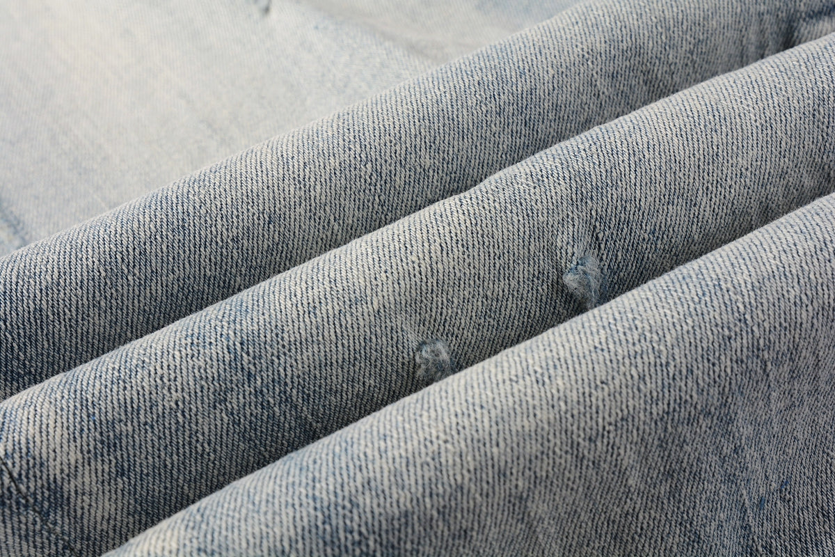 Men Streetwear Skinny Jeans Light Blue Wash with Heavy Distressed Rips 9050