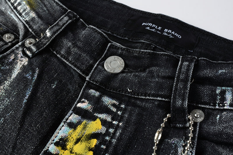 Men Streetwear Skinny Jeans Black Wash with Colorful Graffiti Paint Splash 9078