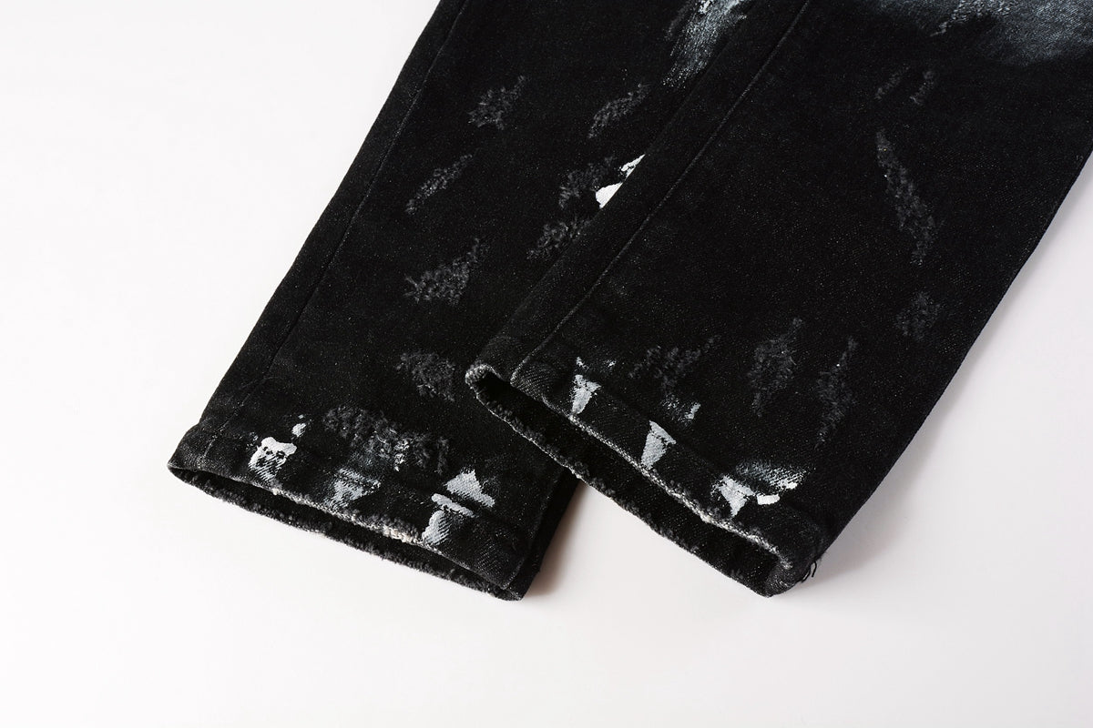 Men Streetwear Skinny Jeans Black and White Graffiti Wash with Multi - Color Paint Accents 9020