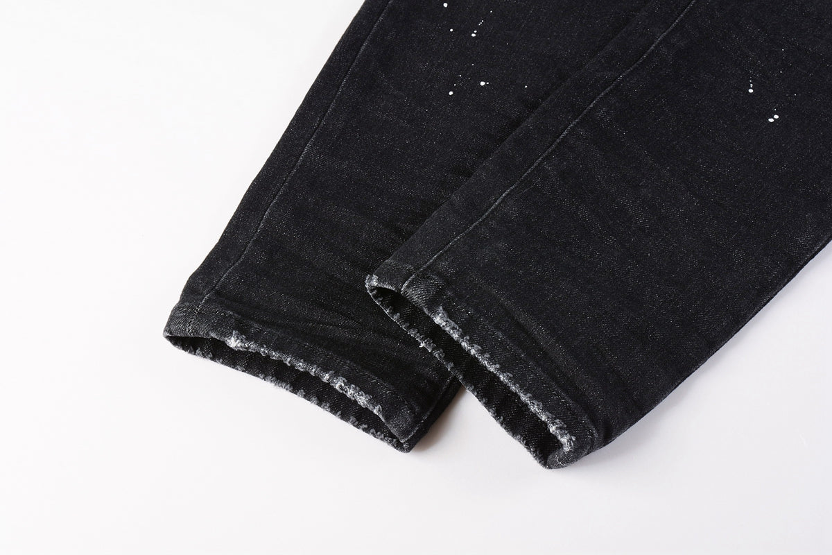 Men Streetwear Skinny Jeans Black Wash with Knee Rips and White Paint Specks 9035